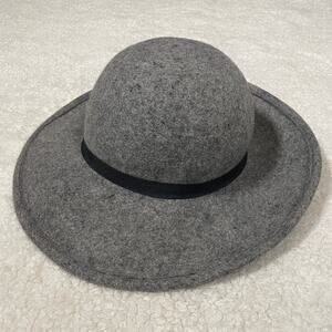 Hat Attack Anthropologie 100% Wool Felted Hat Round Brim Gray Black Ribbon
